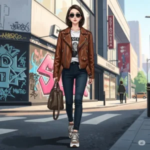 Street style illustration featuring a female in a fashionable brown leather jacket, capturing an urban and modern aesthetic