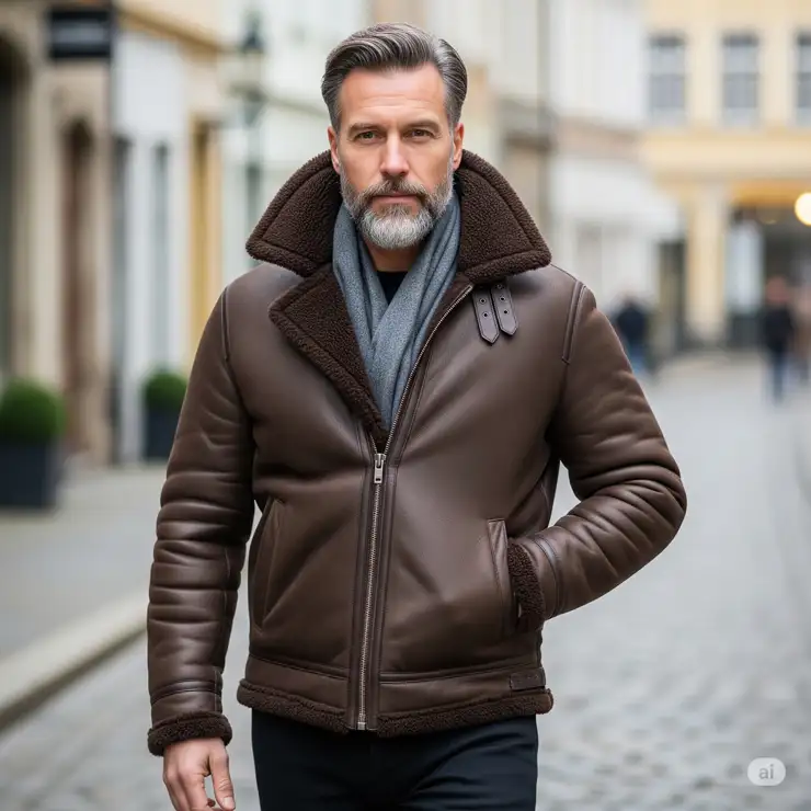 A stylish man wearing a classic brown shearling jacket, perfect for winter fashion.
