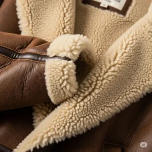 Close-up detail of the plush shearling lining and distressed brown leather of a high-quality brown shearling jacket.
