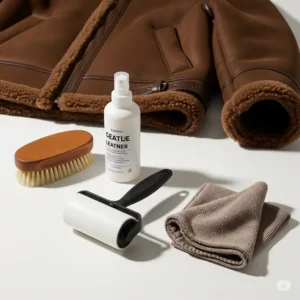 Interior view of a brown shearling jacket, emphasizing its warm and cozy genuine shearling lining.