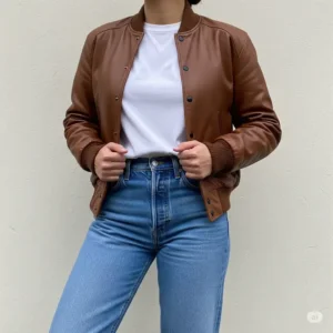 Casual outfit featuring a brown varsity jacket paired with a white t-shirt and jeans, perfect for everyday wear