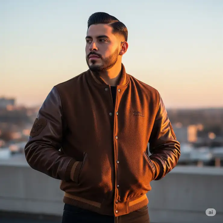 Stylish man wearing a classic brown varsity jacket with leather sleeves and a wool body, standing outdoors