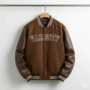 Brown varsity jacket displayed on a hanger, highlighting its clean lines and classic appeal for e-commerce
