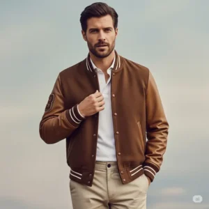 Smart casual look with a brown varsity jacket layered over a collared shirt and chinos, ideal for a refined style
