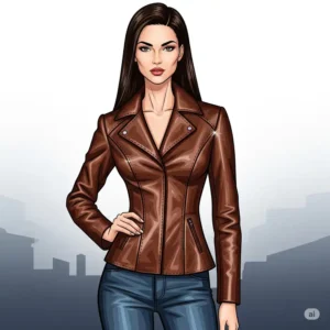 Illustration of a brunette female confidently showcasing a well-fitted brown leather jacket, emphasizing its flattering silhouette.