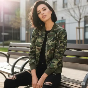 A women's camo bomber jacket featuring ribbed cuffs and collar, offering a sporty yet fashionable aesthetic