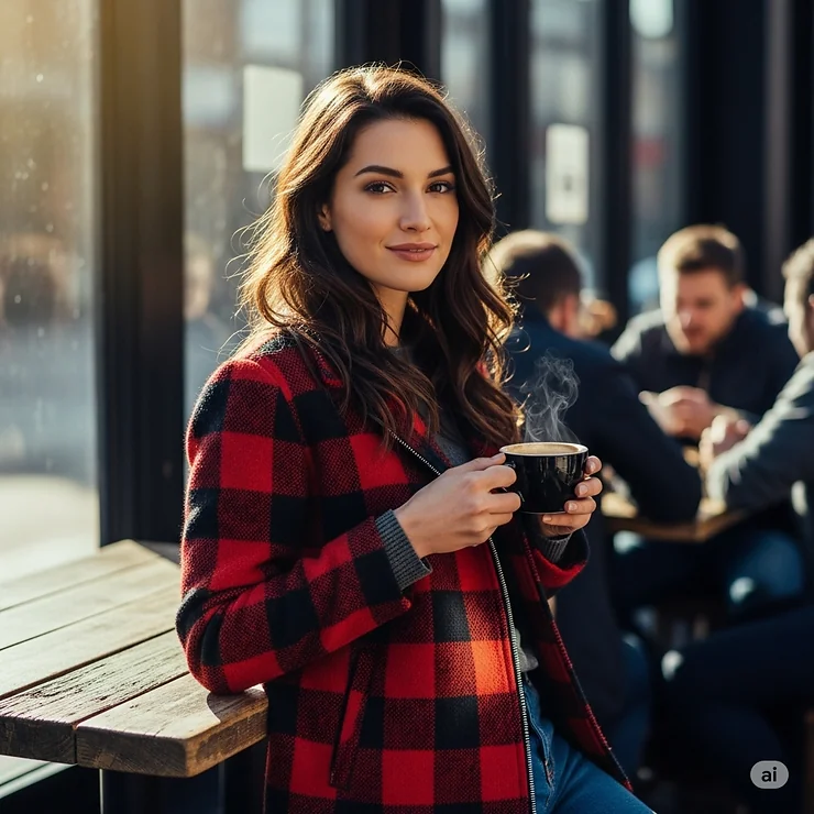 A woman enjoying a casual day outdoors, dressed in a comfortable and stylish plaid jacket, a popular choice for womens outerwear.