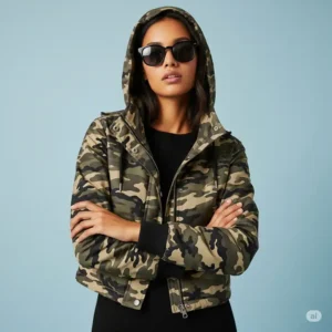 A trendy cropped camouflage jacket designed for women, ideal for layering over dresses or high-waisted pants.