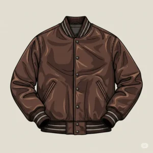 Illustration of a dark brown varsity jacket with ribbed cuffs and collar, a versatile outerwear piece