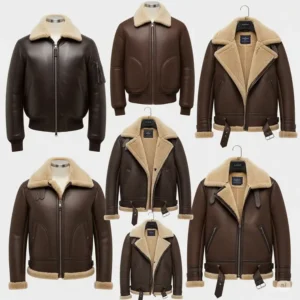 An elegant, dressed-up look showcasing a sophisticated brown shearling jacket worn over a sweater and tailored trousers.