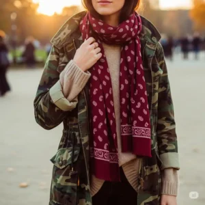  A women's camo jacket styled for fall, layered with a sweater and scarf for warmth and fashion.