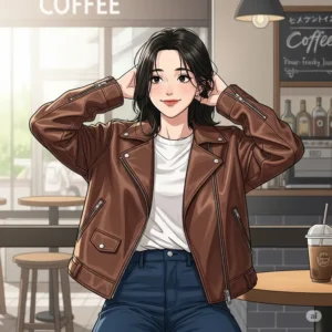  Illustration of a female wearing a brown leather jacket in a casual setting, highlighting its comfortable and laid-back style.