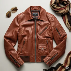 A flat lay presentation of a women's leather flight jacket, clearly displaying its iconic silhouette and thoughtful design.