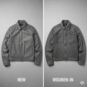 Comparison showcasing the enduring quality of a grayscale jacket, from new condition to a comfortably worn-in look.