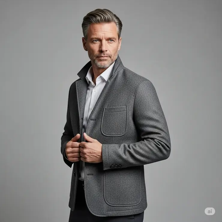 A stylish man wearing a classic grayscale jacket, perfect for versatile layering and a modern aesthetic.