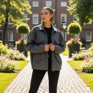 Person confidently modeling a comfortable grayscale jacket in an outdoor urban setting, ideal for everyday wear.
