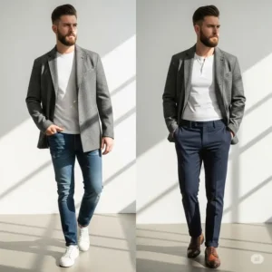 Inspiration for pairing a grayscale jacket with casual jeans or business casual trousers for a polished ensemble.
