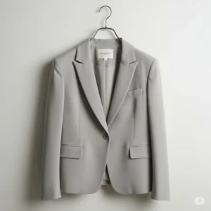 A neatly displayed grayscale jacket on a hanger, highlighting its clean cut and flattering silhouette.