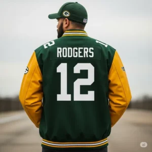 Back view of a Green Bay Packers jacket, displaying a player's number and name, great for showing team spirit