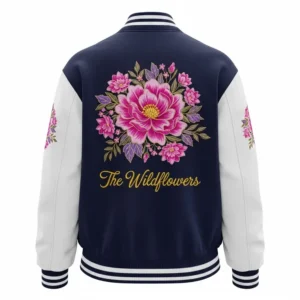 Back design illustration of a custom ladies varsity jacket, highlighting embroidered detailing.