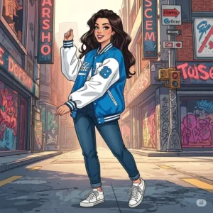 Illustration of a casual outfit featuring a ladies varsity jacket paired with jeans and sneakers.