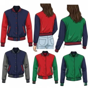 Illustration displaying various color options for a ladies varsity jacket, including navy, red, and green.