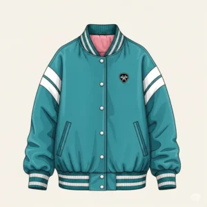 Back design illustration of a custom ladies varsity jacket, highlighting embroidered detailing.