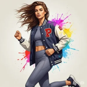 Illustration depicting a sporty look with a ladies varsity jacket worn over activewear