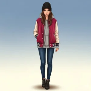 Illustration showcasing a warm winter style with a ladies varsity jacket layered over a hoodie.