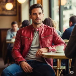 A man casually sitting at a cafe, sporting a striking red leather jacket, showcasing its versatility for everyday wear.