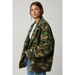 An oversized camo jacket for women draped casually, highlighting its relaxed fit and versatile style.