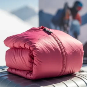 A lightweight, packable pink ski jacket, neatly folded and ready for travel, emphasizing its convenience for ski trips.
