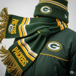 A Green Bay Packers jacket paired with matching team accessories like a scarf and hat, ideal for cold game days
