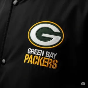 Close-up of the official Green Bay Packers logo embroidered on a high-quality jacket, highlighting the intricate stitching