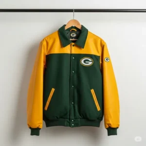 A high-quality Green Bay Packers jacket hanging, showcasing the durable material and craftsmanship