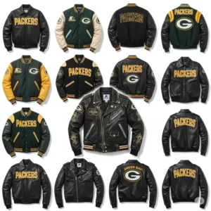 Collection of various Green Bay Packers jacket styles, including vintage Starter jackets and premium leather options.