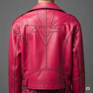 Back view of a fashionable pink leather jacket, highlighting unique stitching and design details.