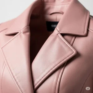 Close-up view of the classic collar and lapel design on a well-crafted pink leather jacket.
