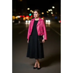 Elegant look showcasing a pink leather jacket styled over a chic dress for a night out.