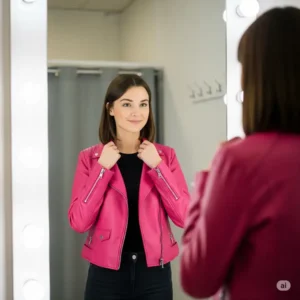 Person admiring themselves in a mirror while trying on a stylish pink leather jacket