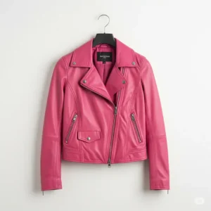 Clean studio shot of a vibrant pink leather jacket neatly displayed on a hanger.