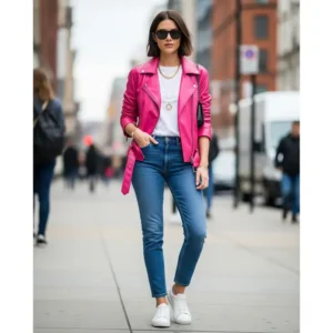 Casual outfit idea featuring a trendy pink leather jacket paired with classic blue jeans
