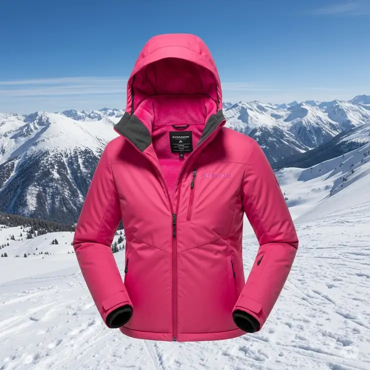 A vibrant pink ski jacket, waterproof and insulated, stands out against a snowy mountain backdrop, perfect for winter sports enthusiasts.