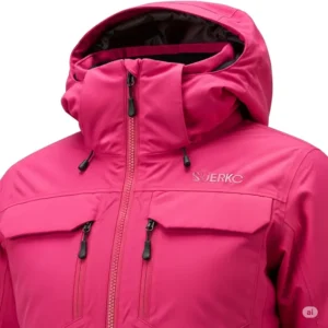 Close-up on the essential features of a pink ski jacket, including a protective hood, spacious pockets, and durable zippers, designed for functionality.