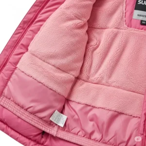 View of the interior lining and insulation of a pink ski jacket, illustrating its warmth and comfort features for cold weather.