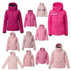 A collection of various shades and designs of pink ski jackets, highlighting diverse styles and features for every preference.