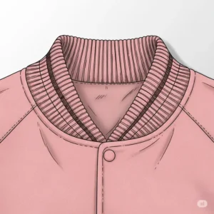 Illustration focusing on the classic ribbed collar and neckline of a comfortable pink varsity jacket.
