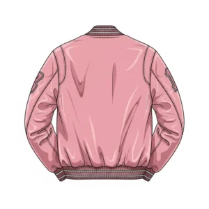 Back view illustration of a pink varsity jacket, showcasing the smooth fabric and design details on the reverse side.