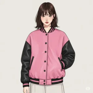 Full front view illustration of a model wearing a trendy pink varsity jacket, highlighting the contrasting sleeves and ribbed trim.

