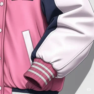 Detailed illustration of the contrasting sleeve and elasticized cuff on a stylish pink varsity jacket.